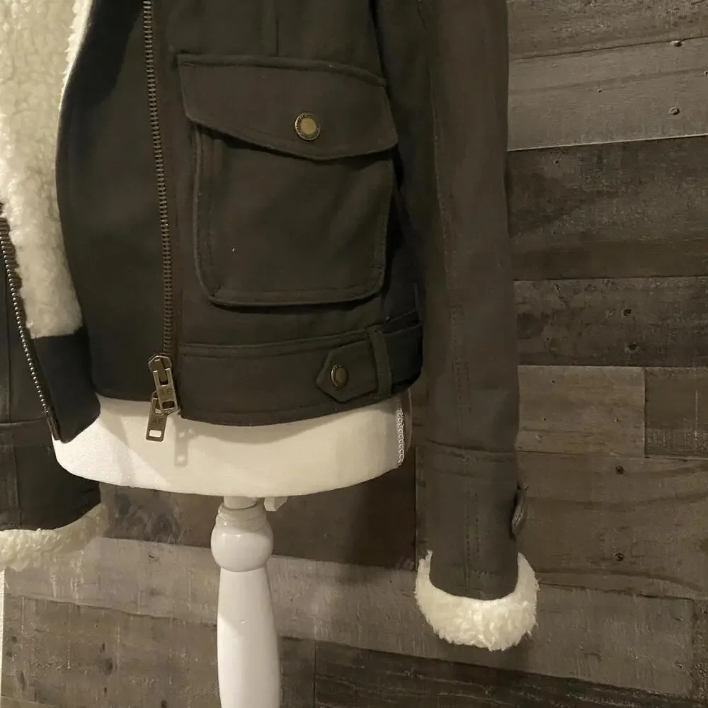 American Eagle Women’s Olive Moto Jacket W/Faux Fleece Trim Size Medium Vintage